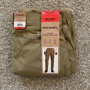 NWT Eddie Bauer Men's Rainier Fleece-Lined Pant Tan Stretch Size 34 X 30 UPF 50+